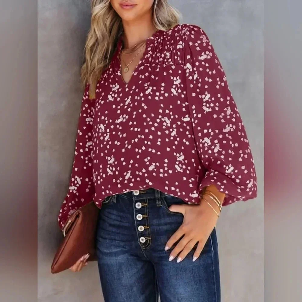 Dokotoo Women's Casual V Neck Alicia Smocked Long Sleeve Chiffon Blouse Size 2XL - Picture 2 of 16